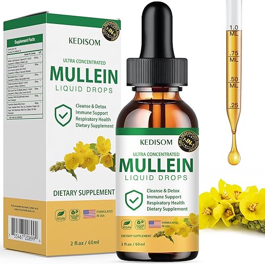 KEDISOM - Gotas de Mullein 7 em 1 para os Pulmões 60 ml – Extrato de Folha de Mullein Orgânico em Gotas – Suplemento Herbal Não-OGM para Suporte Imunológico