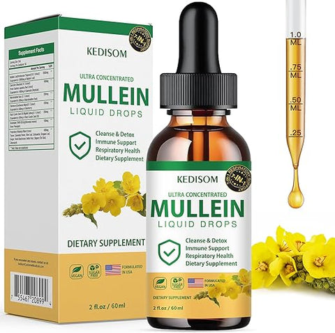 KEDISOM - Gotas de Mullein 7 em 1 para os Pulmões 60 ml – Extrato de Folha de Mullein Orgânico em Gotas – Suplemento Herbal Não-OGM para Suporte Imunológico