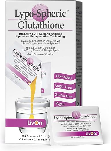 LivOn Laboratories - Lypo-Spheric Glutationa – 30 Pacotes – 450 mg por Pacote – Encapsulado em Lipossomas para Máxima Bioacessibilidade – Fórmula Profissional – 100%% Não-OGM