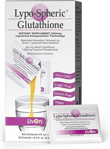 LivOn Laboratories - Lypo-Spheric Glutationa – 30 Pacotes – 450 mg por Pacote – Encapsulado em Lipossomas para Máxima Bioacessibilidade – Fórmula Profissional – 100%% Não-OGM