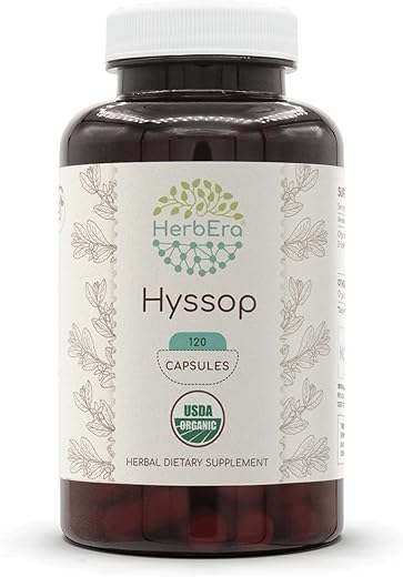 HerbEra - Hyssop Orgânico USDA 120 Cápsulas | Suplemento Herbal Natural | Cápsulas Vegetarianas Certificadas Orgânicas e Erva Seca de Hyssop (Hyssopus officinalis) Orgânico (120 Cápsulas)