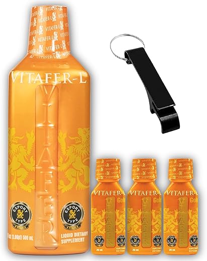 Suplementos AMC para Homens e Mulheres. 1 de (500 ml – 16.9 oz) com 3 Vitachito Gold (20ml – 0.67oz) Tamanho de Bolso com Brinde de Chaveiro Abre-Garrafa AMC - Vitafer-L Gold