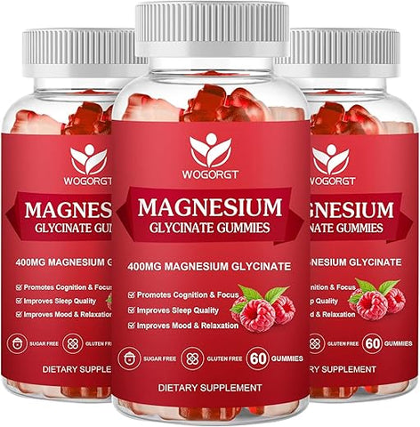 WOGORGT - Magnesium Glycinate Gummies – 400mg com Vitamina D, B6 e CoQ10, Suplemento de Magnésio para Relaxamento e Cognição, Sem Açúcar – 60 Unidades de Framboesa
