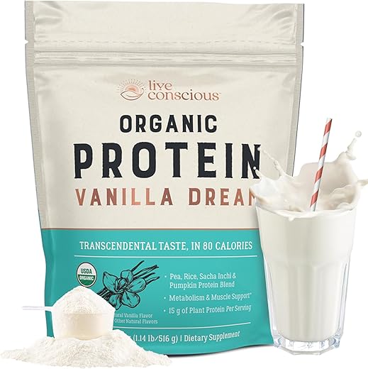 Proteína de Ervilha Orgânica Live Conscious – Sabor Baunilha dos Sonhos | Mistura Vegana à Base de Plantas – Ervilha, Arroz Integral, Abóbora, Sacha Inchi | 20 Porções 510g