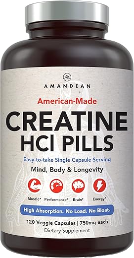 Creatine HCl Pills: American Made CON-CRET. 120 Veggie Capsules. 7X Concentrado vs Pó Monohidratado. Suporta o Crescimento Muscular, Energia, Função Cognitiva, Recuperação - AMANDEAN