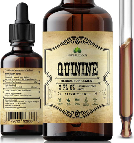 HERBALICIOUS - Extrato Líquido de Quinina 60ml – Casca de Cinchona Officinalis para Alívio de Cãibras nas Pernas, Defesa contra Cãibras e Saúde Digestiva Geral – Quinina Natural, Potencializando