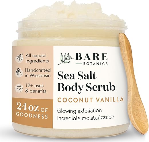 BARE BOTANICS - Bare Botanics Esfoliante Corporal de Coco Baunilha 700ml | Feito em Madison, WI | Esfoliante Natural de Sal Marinho com Hidratantes para a Pele | Vegano