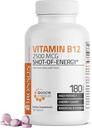 Bronson - Vitamina B12 2500mcg – Comprimidos Mastigáveis de Dissolução Rápida com Sabor de Cereja – Suporte ao Sistema Nervoso e Função Cerebral Saudável – Energia Instantânea – Marca: [Nome da Marca]