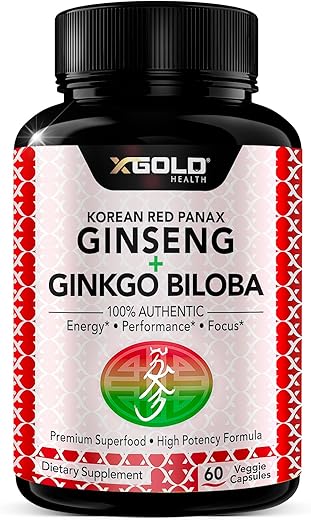 X Gold Health - Ginseng Vermelho Coreano Panax 1200mg Ginkgo Biloba – Extrato de Raiz em Pó de Força Extra com Cápsulas Veganas de Alta Ginsenosídeos para Energia e Desempenho