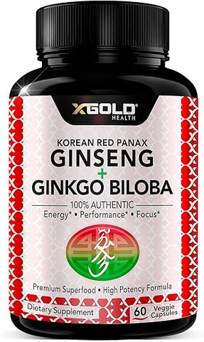X Gold Health - Ginseng Vermelho Coreano Panax 1200mg Ginkgo Biloba – Extrato de Raiz em Pó de Força Extra com Cápsulas Veganas de Alta Ginsenosídeos para Energia e Desempenho