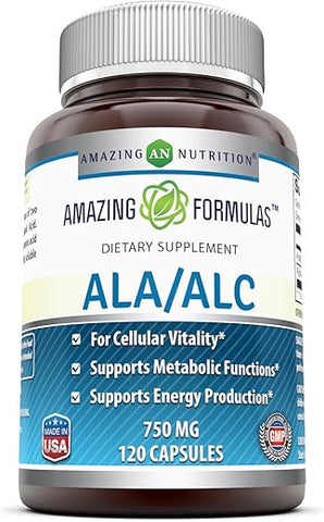 Amazing Nutrition - Amazing Formulas ALA/ALC | 750 Mg Por Porção | 120 Cápsulas | Não-OGM | Sem Glúten | Fabricado nos EUA