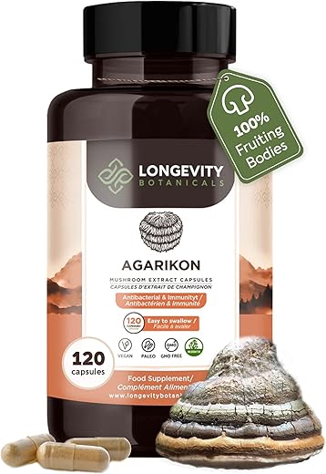 Cápsulas de Agarikon Silvestre – Suplemento de Agarikon Ultra Concentrado – Promove um Sistema Imunológico Equilibrado – 100% Corpo Frutífero – 120 Cápsulas - Longevity Botanicals