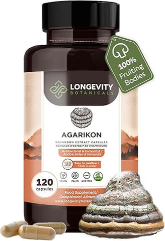 Cápsulas de Agarikon Silvestre – Suplemento de Agarikon Ultra Concentrado – Promove um Sistema Imunológico Equilibrado – 100% Corpo Frutífero – 120 Cápsulas - Longevity Botanicals