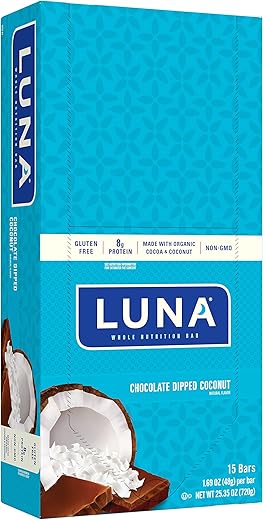 Clif Bar - LUNA BAR – Barras de Lanche sem Glúten – Sabor Coco com Chocolate – 8g de Proteína – Não-OGM – Lanche Saudável à Base de Plantas – Snacks para Levar (Barras de Lanche de 48g, 15 Unidades)
