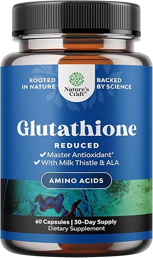 Natures Craft - Suplemento de Glutationa Reduzida com Ácido Glutâmico – L Glutationa 1000mg por Porção com Extrato de Cardo Mariano Silymarin, Ácido Alfa Lipóico ALA Complexo para Suporte ao Fígado e Pele