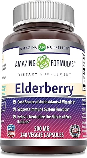 Amazing Nutrition - Amazing Formulas Extrato de Sabugueiro (Concentração 10:1) | 500 Mg por Porção | 240 Cápsulas | Livre de Transgênicos | Sem Glúten | Fabricado nos EUA