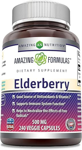 Amazing Nutrition - Amazing Formulas Extrato de Sabugueiro (Concentração 10:1) | 500 Mg por Porção | 240 Cápsulas | Livre de Transgênicos | Sem Glúten | Fabricado nos EUA