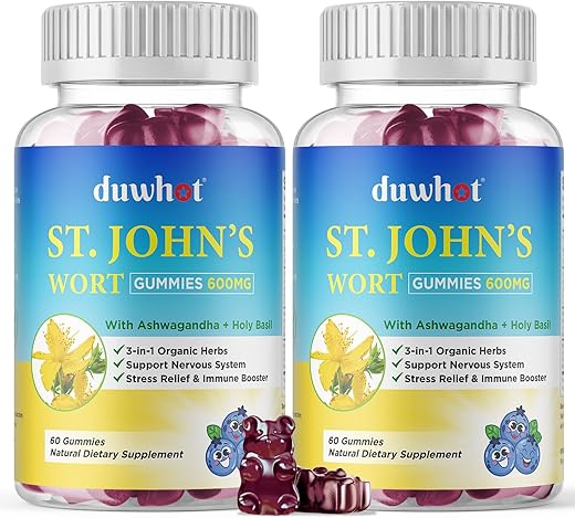 duwhot - Gomas de Hipérico 600mg, 3 em 1 Suplementos Orgânicos de Ervas para Alívio do Estresse, Suporte ao Sistema Nervoso, com Ashwagandha