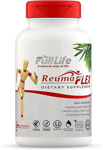 Reuma-Art Flex – Suplementos Naturais com Colágeno Bovino e Cúrcuma – Pele, Cabelo e Unhas Saudáveis – Kosher, Sem Glúten – 120 Cápsulas Vegetais - Full Life
