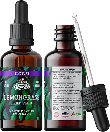 FLORIDA HERBS - Tintura de Capim-limão Orgânica, Extrato de Capim-limão (Cymbopogon Citratus) Herbal, Não-OGM em Glicerina Vegetal Orgânica Prensada a Frio, 700 mg, 60 ml