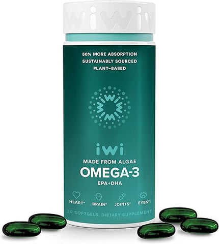 Omega-3 Vegan Algae, 30 Softgels (30 Porções), Ômega 3 à Base de Plantas, Suporte Integral ao Corpo, Suplemento Dietético com EPA DHA, Krill - Iwi