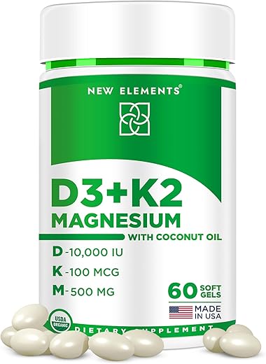 New Elements - Vitamina D3 e K2 Softgels Orgânicos para Mulheres e Homens com Magnésio Glicinato 500mg | Vitamina D3 10000ui | Marca em Destaque