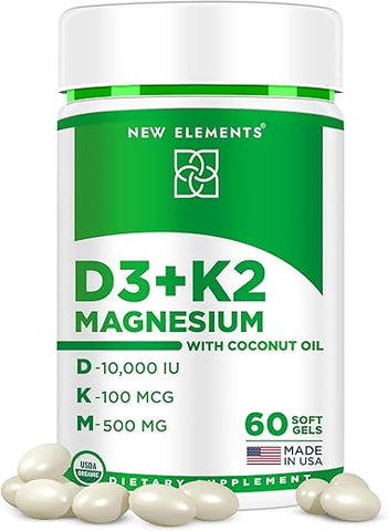 New Elements - Vitamina D3 e K2 Softgels Orgânicos para Mulheres e Homens com Magnésio Glicinato 500mg | Vitamina D3 10000ui | Marca em Destaque