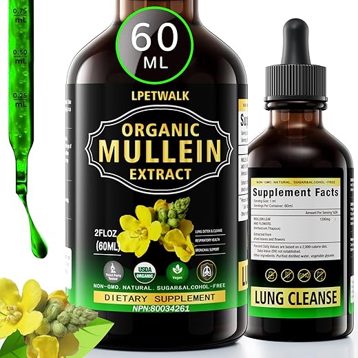 LPETWALK - Extrato de Folha de Verbasco 60ML – Líquido de Folha de Verbasco Orgânico em Gotas de Alta Absorção 98% para Mulheres e Homens – Herbal Goodness