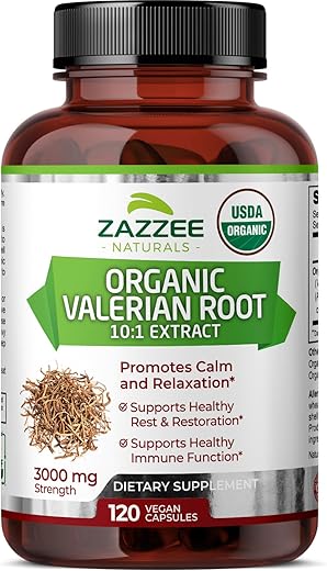 Valeriana Orgânica USDA Extrato 10:1, 3000 mg, 120 Cápsulas Veganas, 4 Meses de Suprimento, Potência 10X, 100% Vegetariano, Natural, Não-OGM - Zazzee