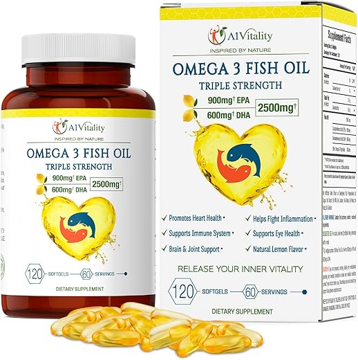 A1Vitality - Ômega 3 Triplo Forte EPA DHA – 2500mg Óleo de Peixe com Sabor de Limão, Livre de Arrotos – Alta Potência 900mg EPA 600mg DHA Suporta Circulação, Cérebro, Coração, Olhos, Pele e Ossos