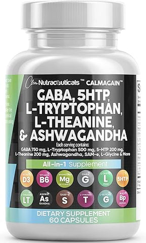 Suplemento para o Humor com GABA 750mg, 5 HTP 200mg, L Triptofano 500mg, L Teanina 200mg, Ashwagandha 3000mg, SAM-e, L-Glicina e L-Tirosina – Vitamina para Homens e Mulheres – Contagem - Clean Nutraceuticals