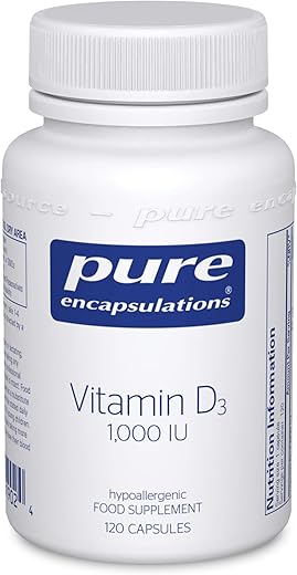 Vitamina D3 25 mcg (1.000 UI) Pure Encapsulations – Suplemento para Suporte Ósseo, Articular, Mamário, Cardíaco, Intestinal