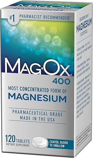 Mag-Ox 400 - Mag-Ox Suplemento de Magnésio, Óxido de Magnésio Grau Farmacêutico 483mg, Forma Mais Concentrada de Magnésio, 120 Comprimidos