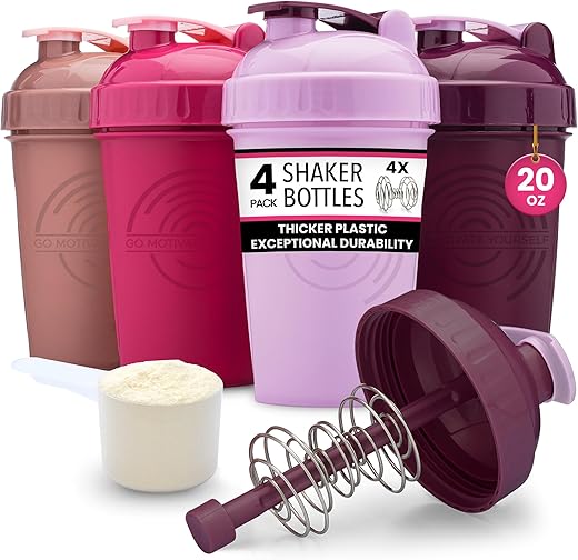 Conjunto de 4 Garrafas de Shakeira de Proteína de 20 oz | Copos de Shakeira para Mulheres para Shakes de Proteína | Conjunto de Garrafas de Shakeira Pequenas | Laváveis na Lava-Louças com Misturadores de Fio de Ação-Rod 4x | Rosas - GOMOYO