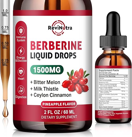 ReviNutra - Berberine HCL Líquido 1500mg com Canela Ceylon, Melão Amargo, Cardo de Leite – Sistema Imunológico e Digestivo – Marca Berberine Drops