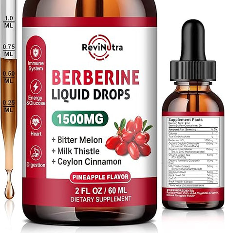 ReviNutra - Berberine HCL Líquido 1500mg com Canela Ceylon, Melão Amargo, Cardo de Leite – Sistema Imunológico e Digestivo – Marca Berberine Drops