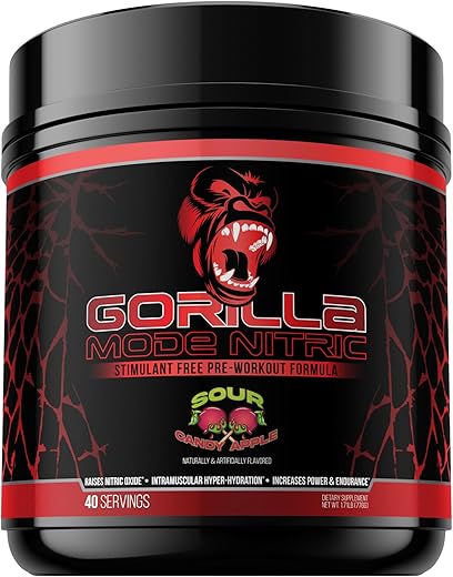 Gorilla Mind - Gorilla Mode – Pré-treino sem estimulantes com sabor incrível e máxima eficácia – Bombas Musculares Intensas · Vasodilatação · Potência / 776g (Maçã Doce Azeda)