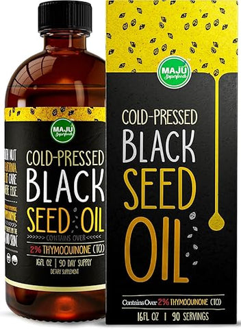 Maju Superfoods - Óleo de Semente de Cominho Preto MAJU 473ml: 3X Timoquinona, Extraído a Frio, 100%% Óleo de Semente de Nigella Sativa Turco (Melhor que Orgânico), Não-OGM, 100%% Óleo Puro de Semente de Cominho Preto Líquido, Vidro