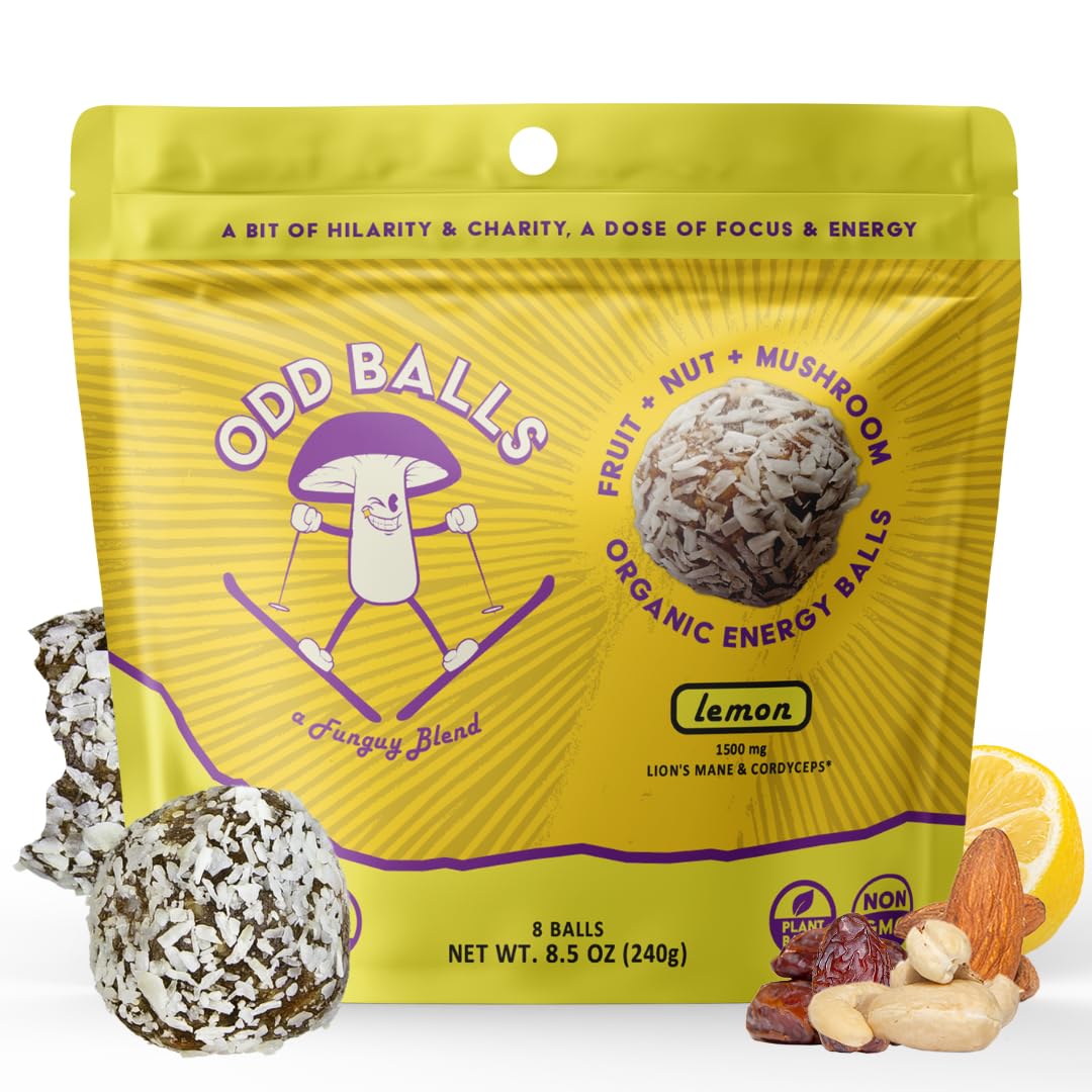 ODD BALLS A FUNGUY BLEND - ODD BALLS Bolas Energéticas Orgânicas de Limão – Superfood Snack de Cogumelos – Corrida, Ciclismo, Caminhada – Alternativa a Géis e Barras – Foco em Lion’s Mane, Energia de Cordyceps – Vegano, Sem Glúten