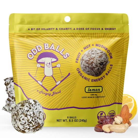 ODD BALLS A FUNGUY BLEND - ODD BALLS Bolas Energéticas Orgânicas de Limão – Superfood Snack de Cogumelos – Corrida, Ciclismo, Caminhada – Alternativa a Géis e Barras – Foco em Lion’s Mane, Energia de Cordyceps – Vegano, Sem Glúten