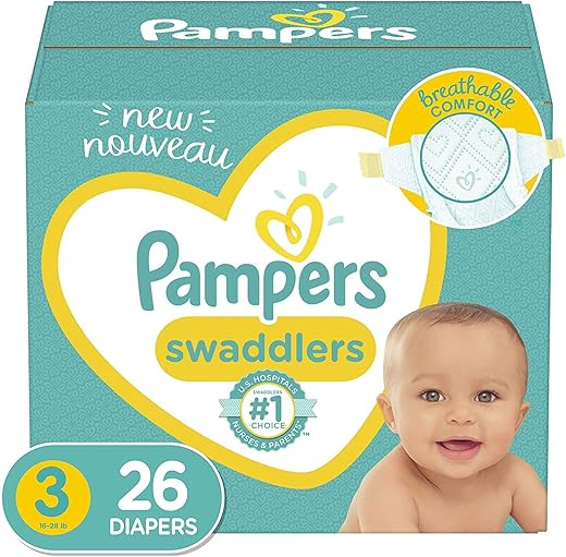 Fraldas Tamanho 3, 26 Unidades – Pampers Swaddlers Fraldas Descartáveis para Bebês, Pacote Econômico (Embalagem Pode Variar)