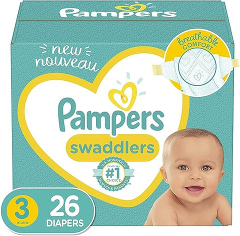 Fraldas Tamanho 3, 26 Unidades – Pampers Swaddlers Fraldas Descartáveis para Bebês, Pacote Econômico (Embalagem Pode Variar)