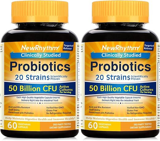 Probióticos 50 Bilhões UFC 20 Cepas, 120 Cápsulas Vegetais, Tecnologia de Liberação Direcionada, Resistente ao Ácido Estomacal, Sem Necessidade de Refrigeração, Não-OGM, Livre de Glúten - NewRhythm