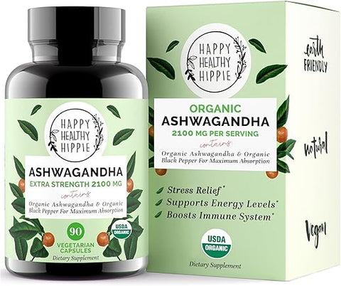 Happy Healthy Hippie - Cápsulas de Ashwagandha Orgânica 2100mg – Alívio do Estresse – Extra Forte – 100%% Herbal, Extrato de Raiz de Ashwagandha Orgânica Certificada pelo USDA com Pimenta Preta – Energia, Humor