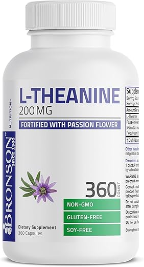 L-Theanine 200mg (Dupla Potência) com Erva de Passiflora, Suplemento para Gerenciamento de Estresse Sem Glúten e Soja, 360 Cápsulas - Bronson