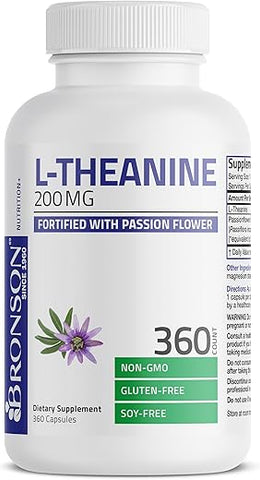 L-Theanine 200mg (Dupla Potência) com Erva de Passiflora, Suplemento para Gerenciamento de Estresse Sem Glúten e Soja, 360 Cápsulas - Bronson