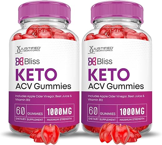 Justified Laboratories - (2 Pacotes) Bliss Keto ACV Gummies Fórmula Avançada 1000MG Bliss Keto Gummies Vinagre de Maçã Aumenta Formulado com Suco de Romã em Pó Beterraba B12 Vegano Não GMO 120 Gomas
