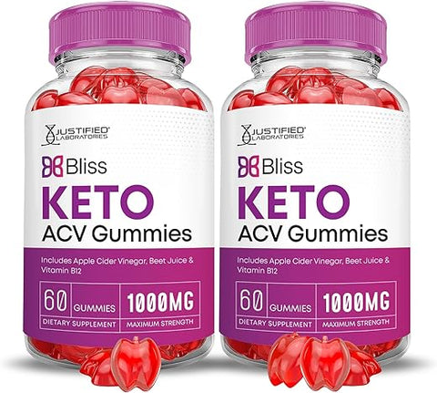 Justified Laboratories - (2 Pacotes) Bliss Keto ACV Gummies Fórmula Avançada 1000MG Bliss Keto Gummies Vinagre de Maçã Aumenta Formulado com Suco de Romã em Pó Beterraba B12 Vegano Não GMO 120 Gomas