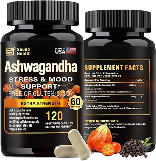 SoundHealth - Ashwagandha Orgânica em Cápsulas – 7000mg de Pó de Erva por Porção – Alívio do Estresse, Suporte Imunológico, Equilíbrio Hormonal – Absorção Aprimorada de Nutrientes – 120 Cápsulas