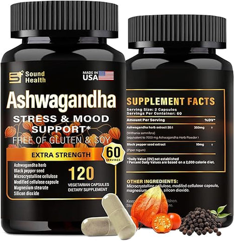 SoundHealth - Ashwagandha Orgânica em Cápsulas – 7000mg de Pó de Erva por Porção – Alívio do Estresse, Suporte Imunológico, Equilíbrio Hormonal – Absorção Aprimorada de Nutrientes – 120 Cápsulas